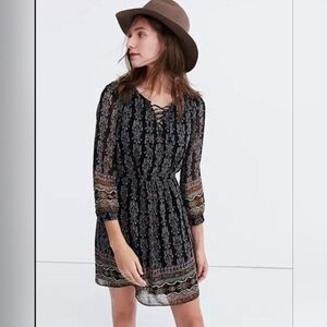 Madewell Dress Black Multicolor Boho Paisley 3/4 Sleeve Lace Up Mini Siz…